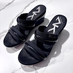 Anne Klein Sport | Women’s Black Slip on Patent Leather Stretch Strap Sandals